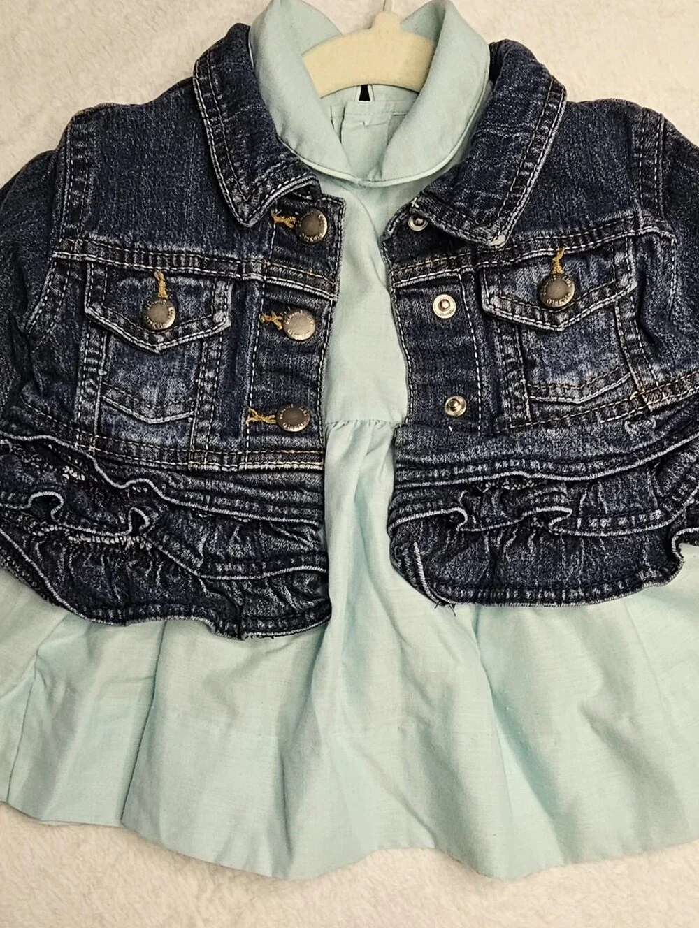 VTG Toddler Outfit Set: Genuine Kids OshKosh Ruffle Denim Jacket 18M & Aqua